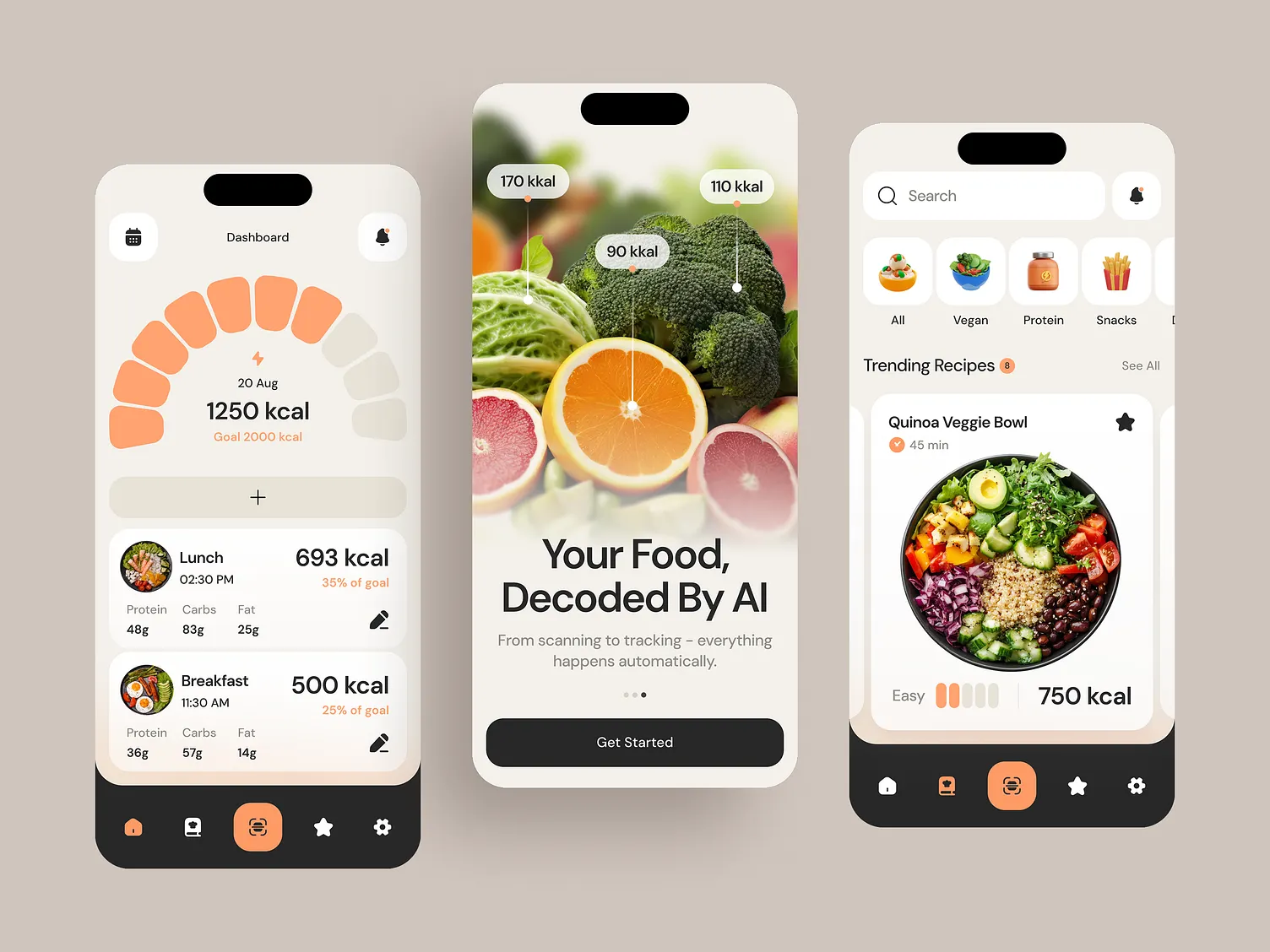Food tracking app UI with scan flow