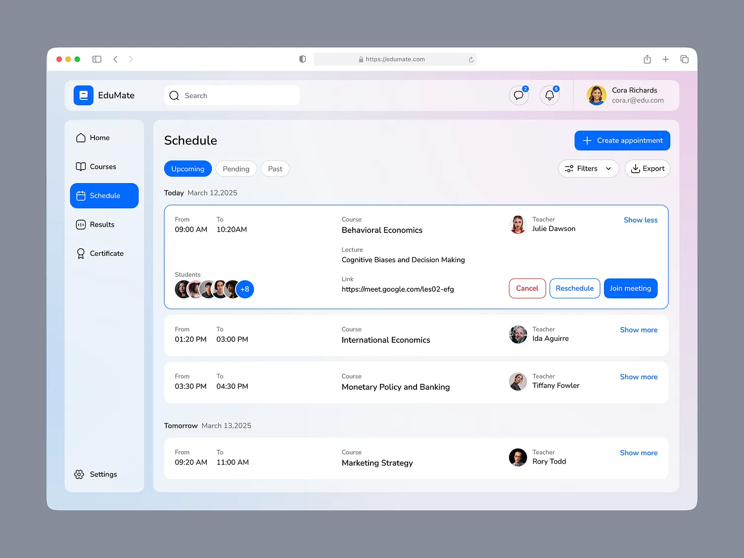 Learning web portal interface